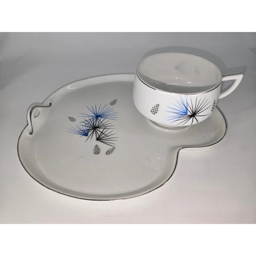 Vintage‎ Hakusan China Snack Set Cup Tray Atomic Starburst Blue Black Japan 9613
